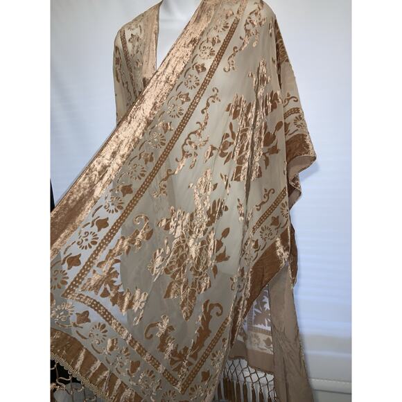 Free People Kimono Duster Sheer Velvet Burnout Champagne Brown Cardigan OS Boho - Picture 3 of 5